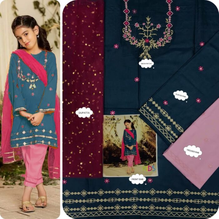 BRAND : *MARIA.B , LAAM*
kids luxury cotton embroidered unstiched 3pc - Image 2