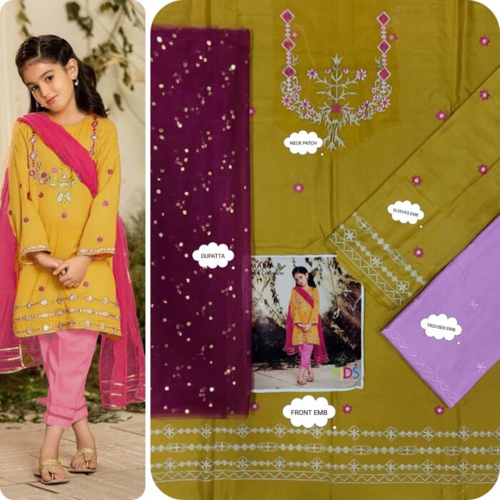 BRAND : *MARIA.B , LAAM*
kids luxury cotton embroidered unstiched 3pc - Image 8